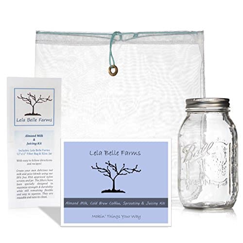Almond Milk & Cold Brew Coffee Making Kit - Includes Farm Tough 12"x12" Fine Mesh Strainer Bag with Glass Mason Jar - Alternative Chinois and Kefir Strainer for Nut Milk Recipes