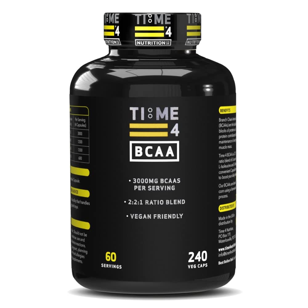 Time 4 BCAA - 240 Capsules High Strength Branched Chain Amino Acids Made by Fermentation Process - Muscle Growth, Tissue Repairing & Energy Production Vegan BCAA Capsules Not BCAA Amino Acids Tablets