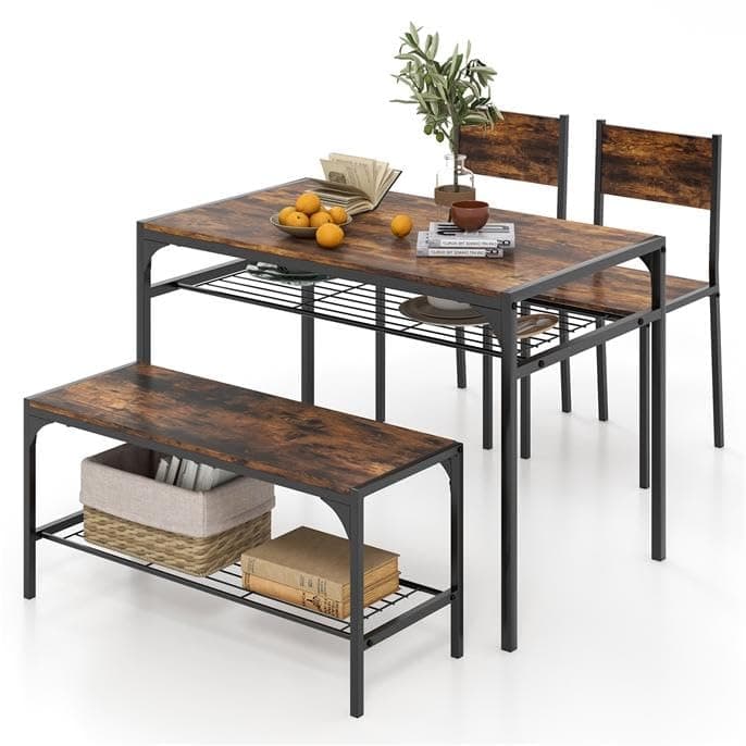 TANGZON Dining Table and 2 Chairs with Bench, Wooden Kitchen Table and Chairs Set of 4 with 2 Storage Racks, Metal Frame Dining Room Sets Furniture for Home Living Room Restaurant (Rustic Brown)
