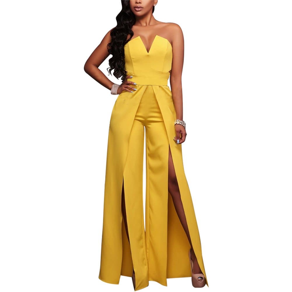 Womens Sexy Tube Top Strapless Split Wide Leg Jumpsuits Rompers Without Belt