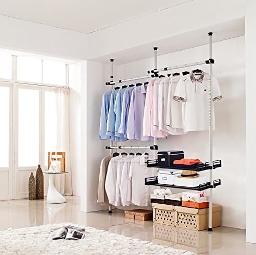 Portable Indoor Garment Rack Tools-free DIY Coat Hanger Clothes Wardrobe 3 Poles 3 Bars 2 Trays. Heavy Duty Steel Poles and Bars. 60kg Loading per Horizontal Bar. Space Fit and Saver.[3203BC2]