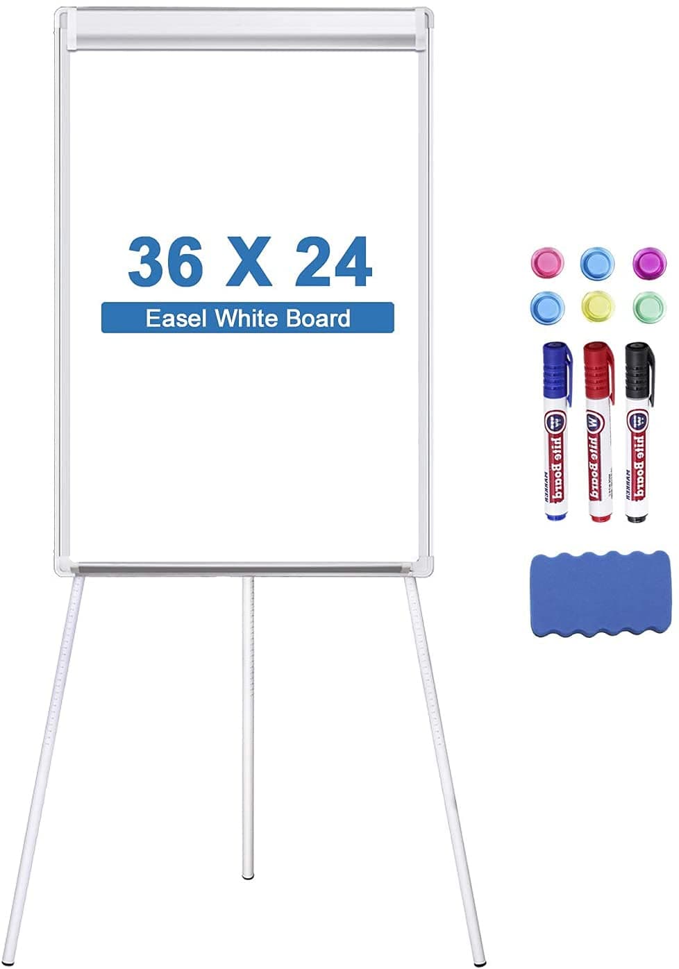 Easel Whiteboard Tripollo Magnetic Dry Erase Tripod Board 35 x 23 inch Adjustable Flipchart with Paper Clamp and Hooks for Office Home Classroom and Restaurant (Stand White, 35X23 inch)