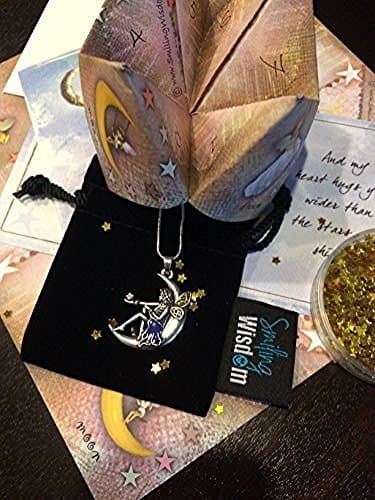 Moon Fairy Angel Gift Set, Nostalgic Origami Game (Cootie Catcher, Fortune Teller), Moon Angel Necklace, Gold Star Confetti, I Love You to the Moon and Back Greeting Card by Smiling Wisdom