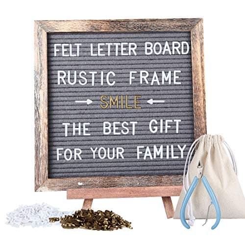JMMD Rustic Wood Frame Felt Letter Board 10x10 inches, Gray Changeable Message Letter Board with 409 White & Gold Additional Symbols & Emojis, Canvas Bag, Scissors