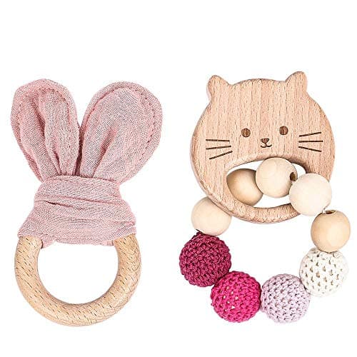 Best Teething Toys for Babies,Wooden Teethers Natural Organic Cotton Bunny Ear Rings Montessori Toys 2pc Pink Shower Gift