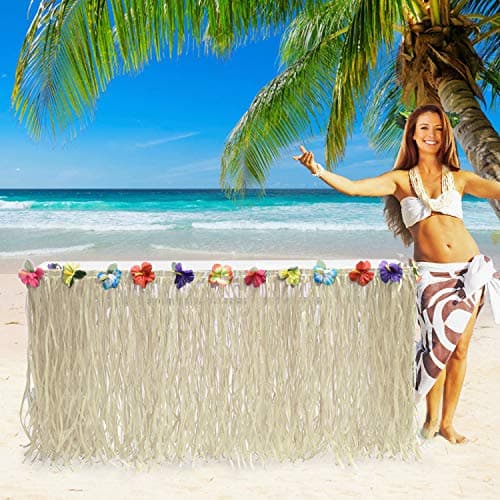 9ft Hawaiian Luau Table Skirt Grass Raffia Table Skirt for Hawaiian Theme Party Decorations,Luau Party Decorations Supplies,Moana Party Supplies,Tropical Party Decorations