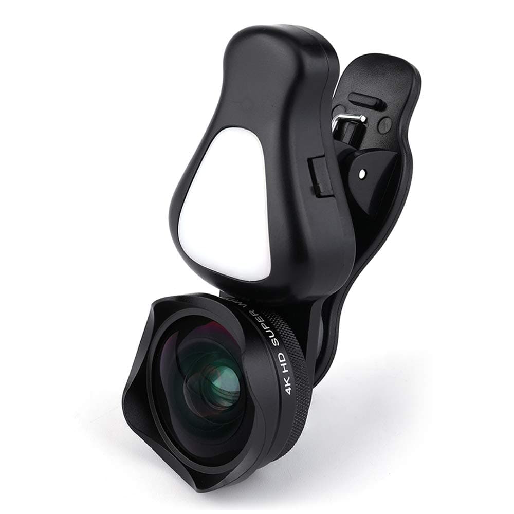 4K HD Wide Angle Lens and 15X HD Macro Lens Clip-On Cell Phone Camera Lenses with Two Level Camera Fill Light for Mobile Phones and Tablets