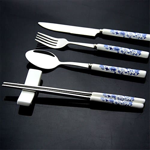 Chinese Style Cutlery Set White Porcelain Blue Patterned Tableware Set Gift (fork+knife+spoon+chopsticks)