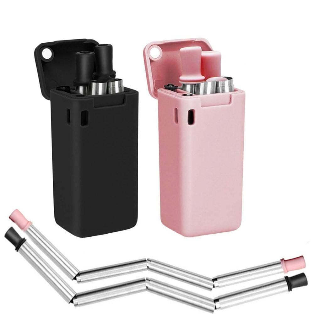 Reusable Straws Collapsible Stainless Steel Drinking Straws with Cleaning Brush Carrying Case Foldable Metal Straw for Outdoor Travel Party(Pack of 2）