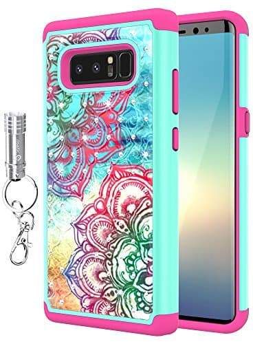 Galaxy Note 8 Case, Style4U [Shockproof] Hawaiian Flower Studded Rhinestone Crystal Bling Dual Hybrid Armor Protective Case for Samsung Galaxy Note 8 with LED Keychain Flashlight [Teal/Hot Pink]