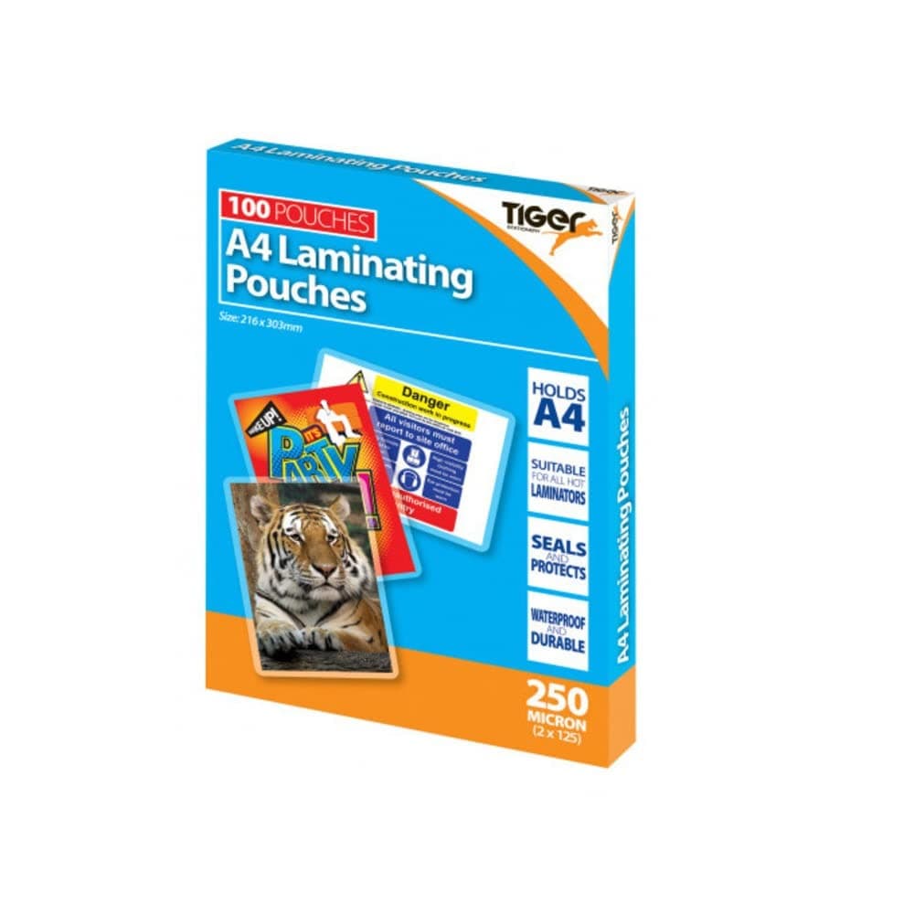 Tiger A4 laminating pouches 250 microns pack of 100