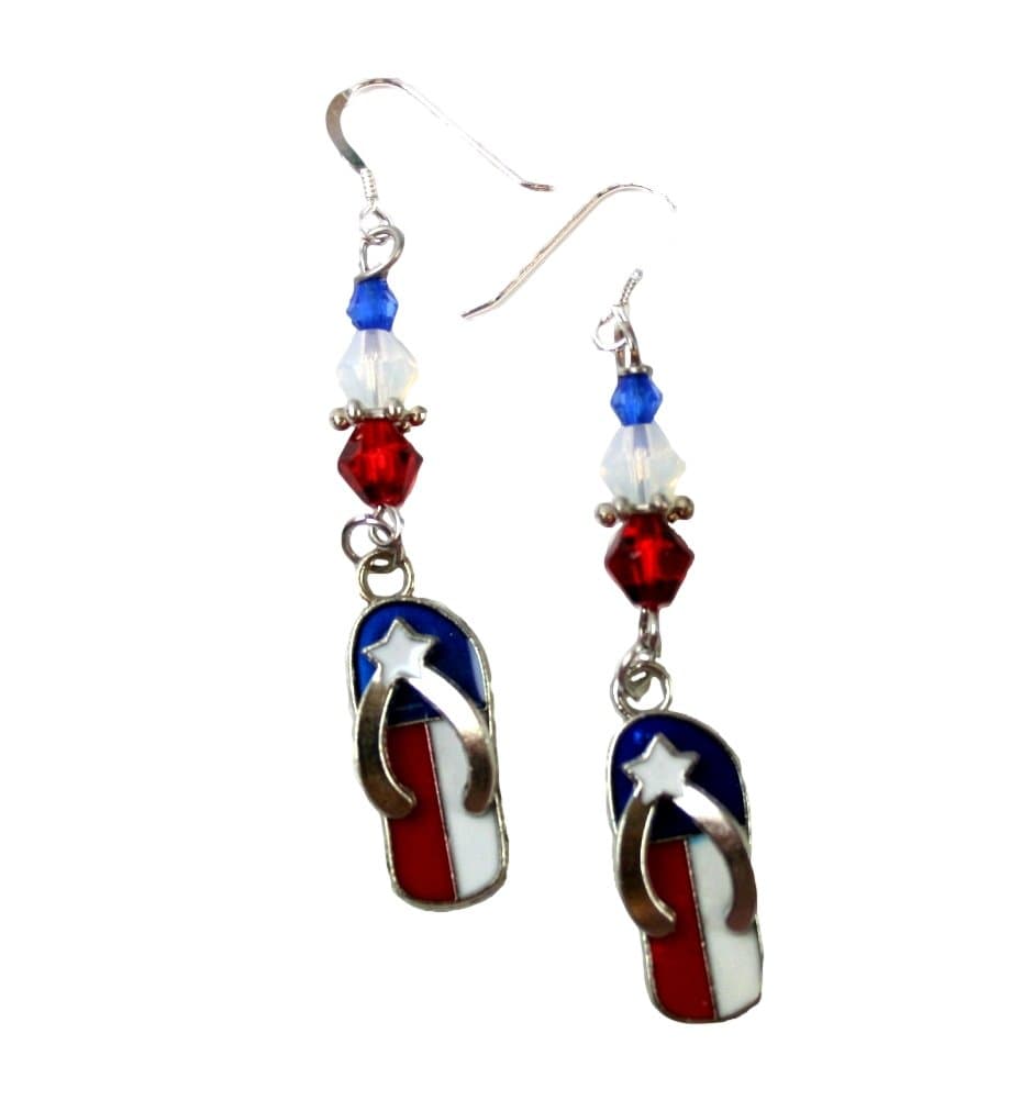 Flip Flop Flag Earrings American Patriotic with Beads Dangle on Sterling Silver Ear Wire Gift Box Jewelry