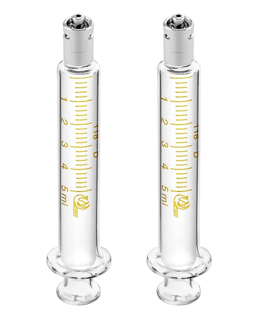 2 Pack Glass Syringes with Caps, 5ml Luer Lock Reusable Glass Syringe, Metal Luer Lock Caliber Injector Laboratory Sampler for Laboratory