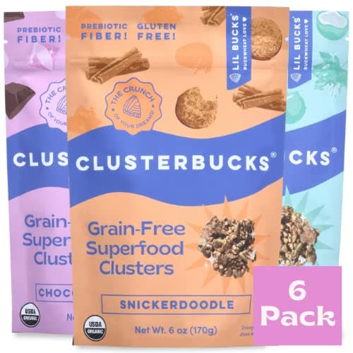 Lil Bucks Clusterbucks Grain-Free Superfood Clusters made with Sprouted Buckwheat and Adaptogens, Gluten Free Snack (Chocolate, Snickerdoodle & Coconut Maple Variety, 6 Pack)