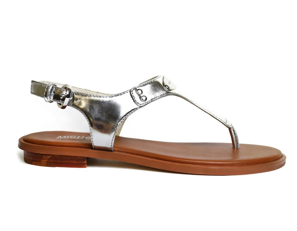 Michael Michael Kors Women's Metallic Leather MK Plate Thong Sandal (6.5, Silver)
