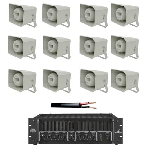 Outdoor Public Address System with 12 Horn Speakers, 480w Amplifier & Cable