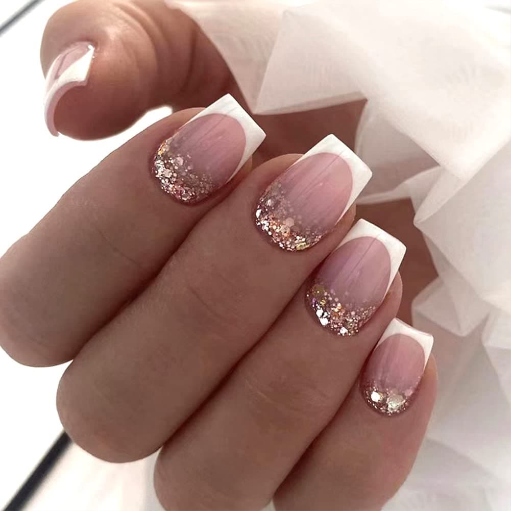 White French Tip Press on Nails Short Fake Nails with Flash Powder Design Glue on Nails False Nails with Glue Acrylic Artificial Nails Square Stick on Nails For Women Girls 24Pcs