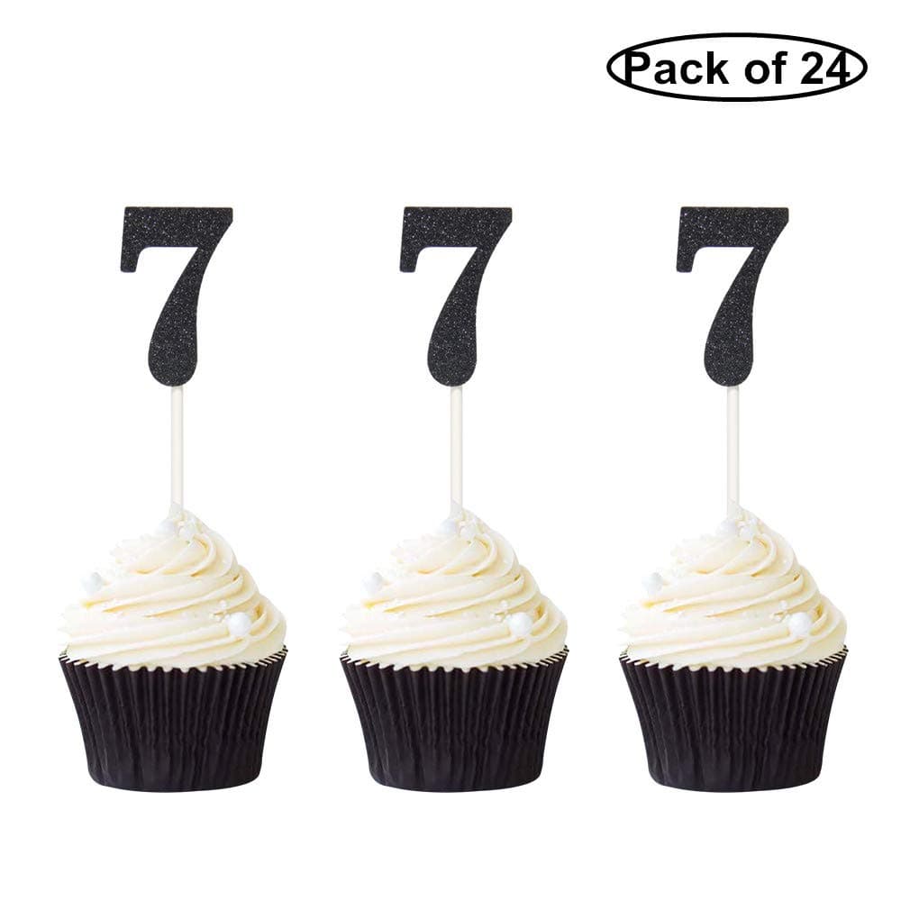 Pack of 24 Number 7 Cupcake Toppers Black Glitter 7th Birthday Cupcake Picks Anniversary Party Decor