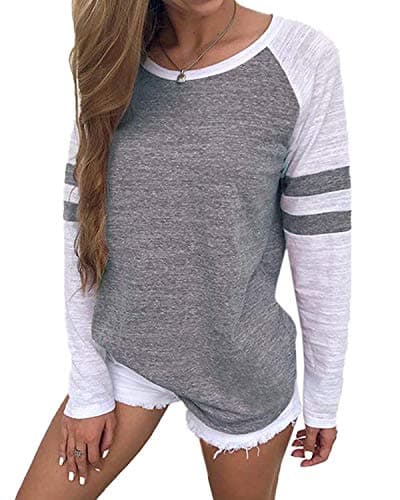Women's Baseball Tees Shirts Long Sleeve Color Block Loose Tunics Blouses Tops Light Grey M