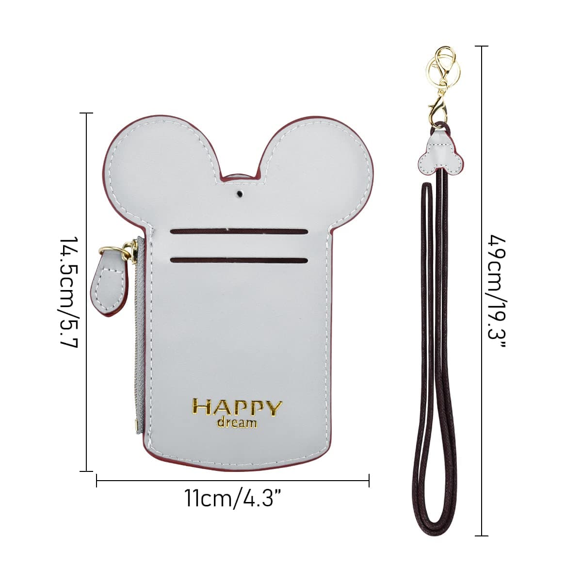 BUUFAN Chic Cute Travel PU Leather Student ID Card Holder Lanyard Neck Pouch Bag With Coin Wallet Purse for Students Women Kids Teens Girls (Grey)