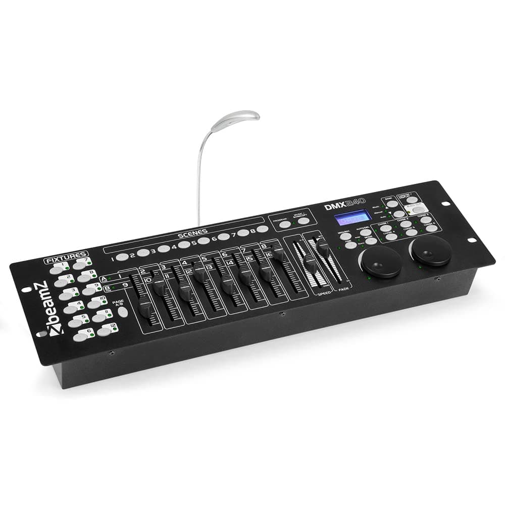 beamz DMX-240 DJ Lighting Controller – 192-Channel DMX Console with Pan/Tilt Jog Wheels, MIDI Compatibility, Programmable Scenes & Effects, Rack-Mountable Design Light Control Desk, 154.090