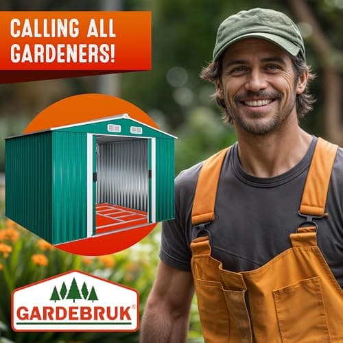 GARDEBRUK® Garden Shed | 8x6' | 5m² | Outdoor Storage for Garden Furniture Garden Tools | Wheelie Bin Storage | Log Store | Bike Shed House | Apex Roof, Sliding Door | 260x205x180cm | Green