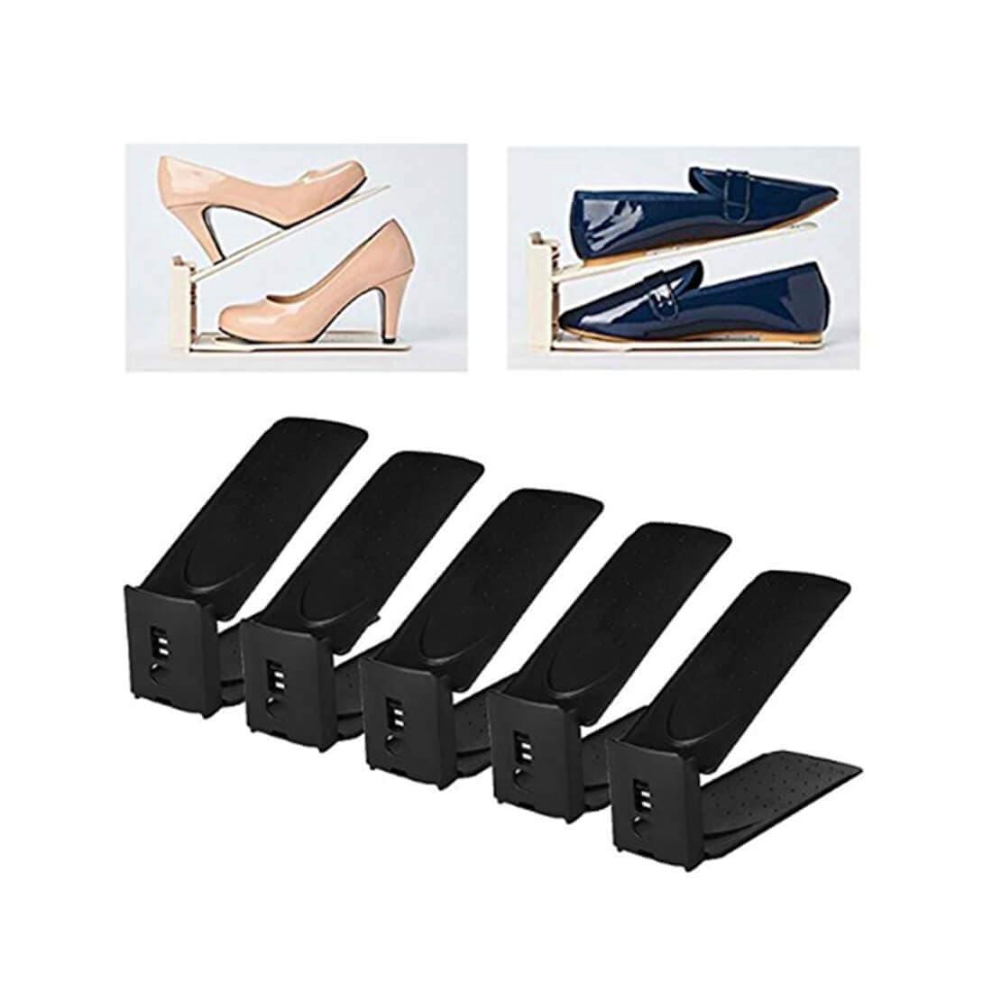 HARRA HOME Premium 3 Level Adjustable Shoe Slots Organizer Space Saver, Double Shoe Rack Storage Holder For Closet, Easy Shoe Stacker For Sneaker High Low Heels Boots Flats Sandals (Black, Pack of 10)