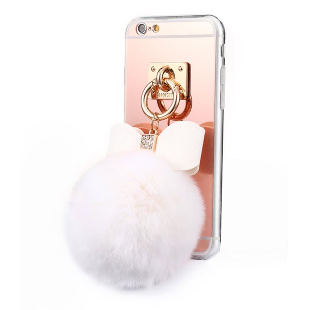 iPhone 5 Fur Case,Generic Pom Pom Case,Plush Fur Ball Diamond Soft TPU Gel Back Case Cover for iPhone 5/5S/SE (White)