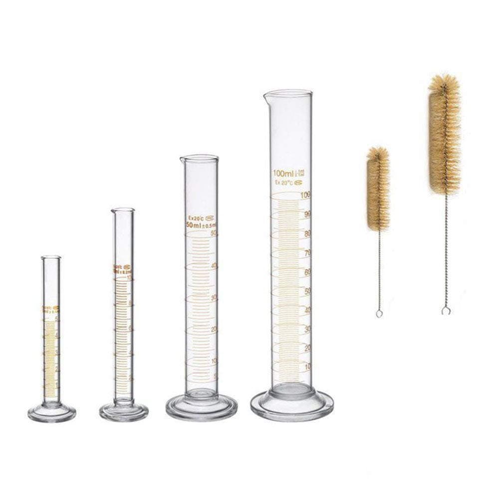 LTKJ Thick Glass Graduated Cylinder Measuring Bottle Set 5ml 10ml 50ml 100ml Glass with 2 Cleaning Brushes Chemistry Lab Graduated Measure Tools