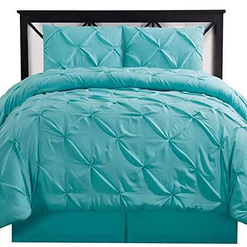 Comforter Set Brushed Microfiber 4 Piece Pinch Pleat Pintuck Luxury Modern Hypoallergenic All Season Soft Oversized Bedding - with Pillow Shams and Bed Skirt - Solid Aqua Blue Double Bed Full Size