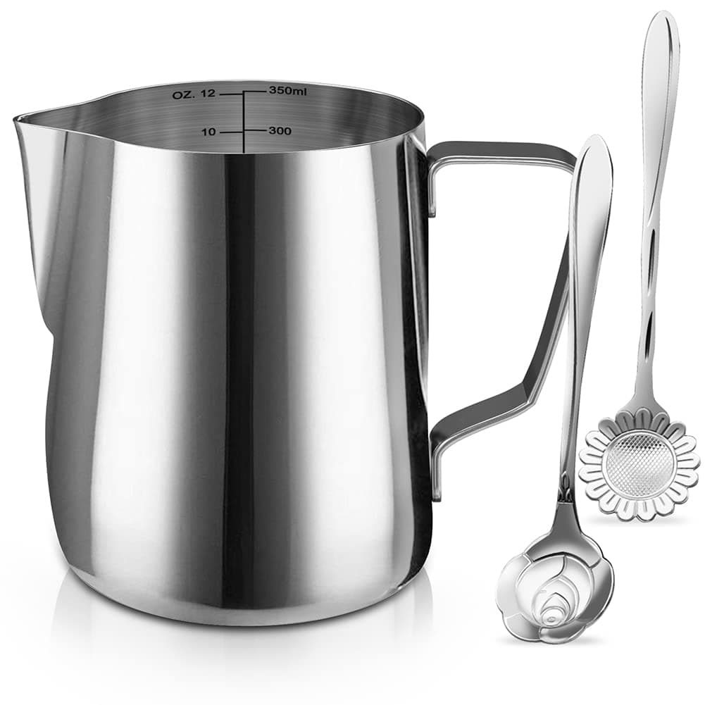 Milk Frothing Pitcher Cup, 12oz/350ML Milk Frother Cup Stainless Steel Steaming Pitcher Milk Jug Coffee Latte Art Cappuccino Espresso Machine Accessories Barista Steam Pitchers Attached Dessert Spoons