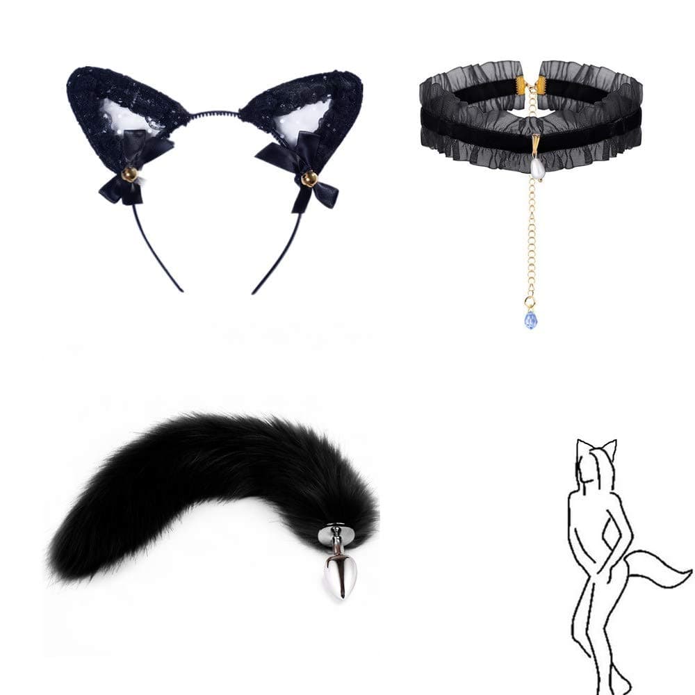 Set of 3 Cat Bells Bowknot Headband Fluffy Fox Wolf Tail Rhinestone Chain Collar Glamour Masquerade Cosplay Props for Women Black