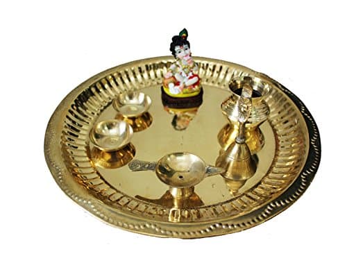Dekor World Brass Krishna Thali Set (Gold, Standard, 7 Piece)