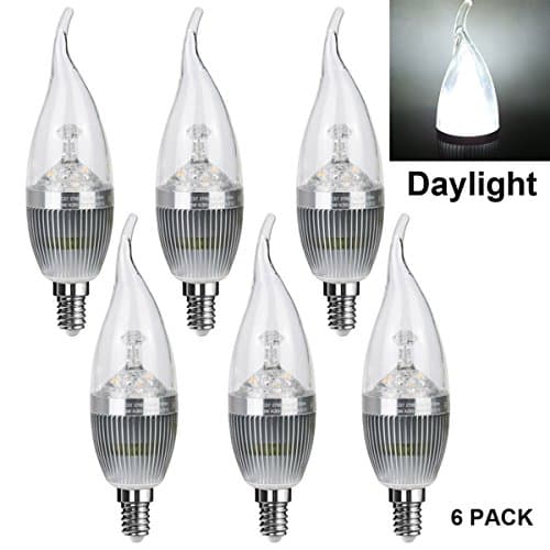 Baomao LED Candelabra Bulb, Base E12 3W, Daylight White 5500K, LED Candle Bulbs, 25 Watt Light Bulbs Equivalent Incandescent,Non-dimmable,270 Lumens LED Lights, Chandelier, Sliver (6 Pack,Flame Tip)