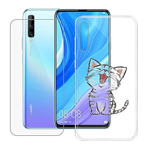 Case for Huawei Y9S + Tempered Glass Screen Protector - HHUAN Flexible Soft Transparent TPU Fever cat Shell Silicone Gel Protective Case Bumper Cover for Huawei Y9S (6.59")