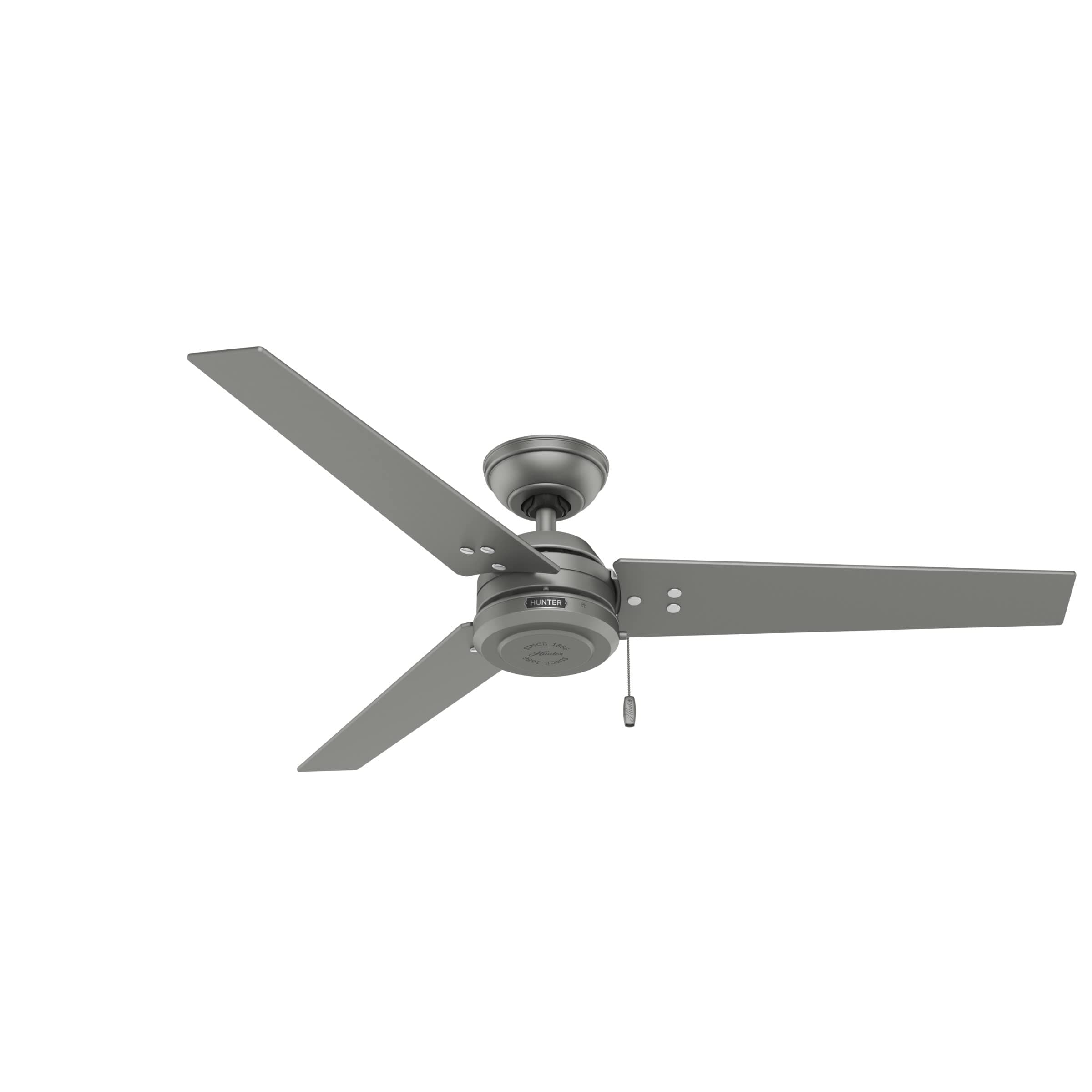 52 inch Outdoor or Indoor Ceiling Fan No Light - Silver Ceiling Fan without Light, For Patio, Porch, Garage, or Living Room, Standard Mount, 3 Blades, Pull Chain - Cassius 59262, Matte Silver