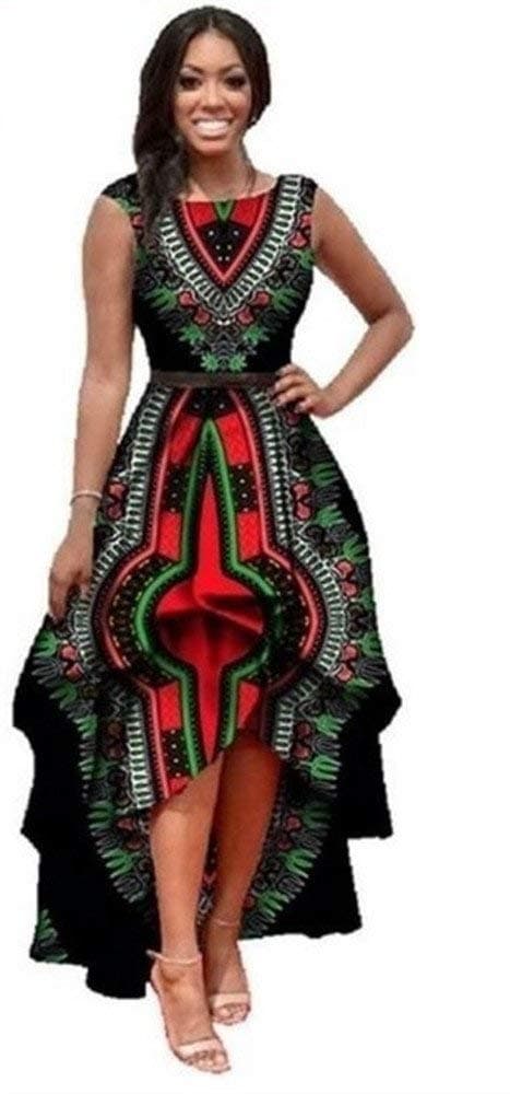 Yeshire Womens African Print Sleeveless High Low Dashik Formal Prom Peplum Flare Midi Party Dress