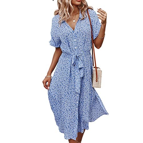 TCXSSL Women's Summer Bohemian V Neck Button Down Dress High Waist Midi Casual Split Beach Dresses with Belt (Color : Blue, Size : M/Medium)