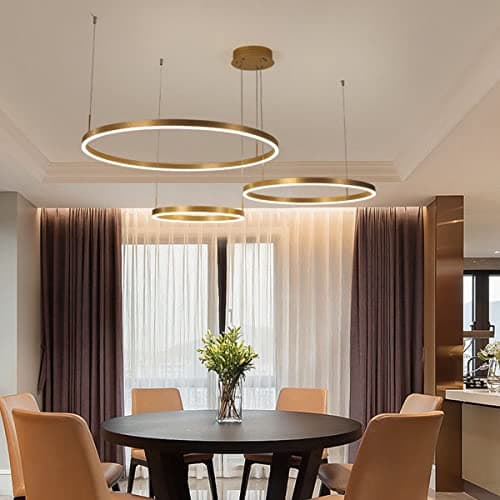 Bellastein Modern Ring Pendant Lamp Height Adjustable Chandelier Dimmable with Remote Control Ceiling Light Dining Table Pendant Lamp (Gold, 3-Rings:D40+60+80cm) [Energy Class F]