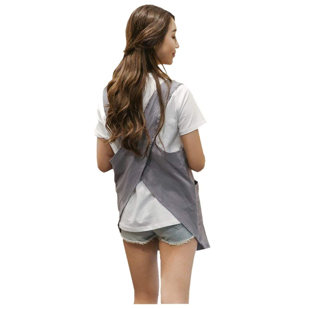 Shortened Design Apron, Japanese Style Soft Cotton Linen Apron with Two Side Pockets, X Cross Halter Aprons, Kitchen Cooking Clothes Gift for Women DIY Project, Crafting, Cooking, Baking(Light Gray)