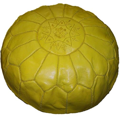 Treasures Of Morocco Moroccan Pouf Footrest Hassock Ottoman Handmade Leather Genuine 22 inches Diameter Unstuffed Yellow