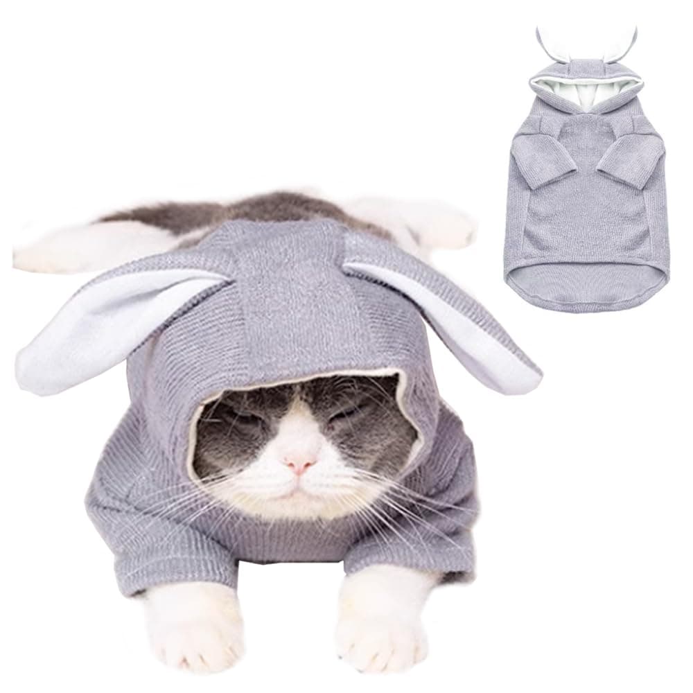 ANIAC Funny Small Dog Hoodies for Girl Boy Bunny Ears Dog Clothes Hooded Puppy Sweatshirt Cat Apparel Pet Costume for Easter Halloween Christmas Holiday (Large, Grey)