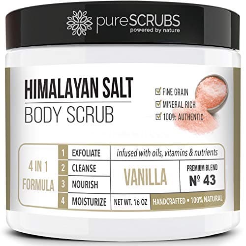 pureSCRUBS Premium Pink Himalayan Salt Body Scrub Set - Large 16oz VANILLA SCRUB, Organic Essential Oils & Nutrients INCLUDES Wooden Stirring Spoon, Loofah & Mini Exfoliating Bar Soap