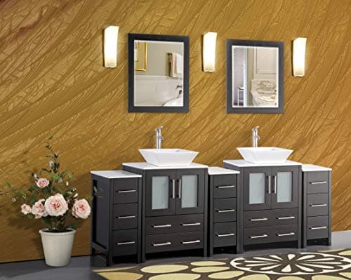 Vanity Art 84 Inch Double Sink Bathroom Vanity Compact Set 5 Cabinets 2 Shelves 13 Dove-Tailed Drawers Quartz Top and Ceramic Vessel Sink Bathroom Cabinet with Free Mirror VA3124-84-E