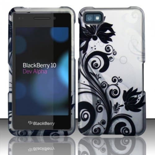 TRENDE - BlackBerry Z10 Case Black / Silver Vines Design Rubberized Hard Snap-on Cover + Free TRENDE Gift Box
