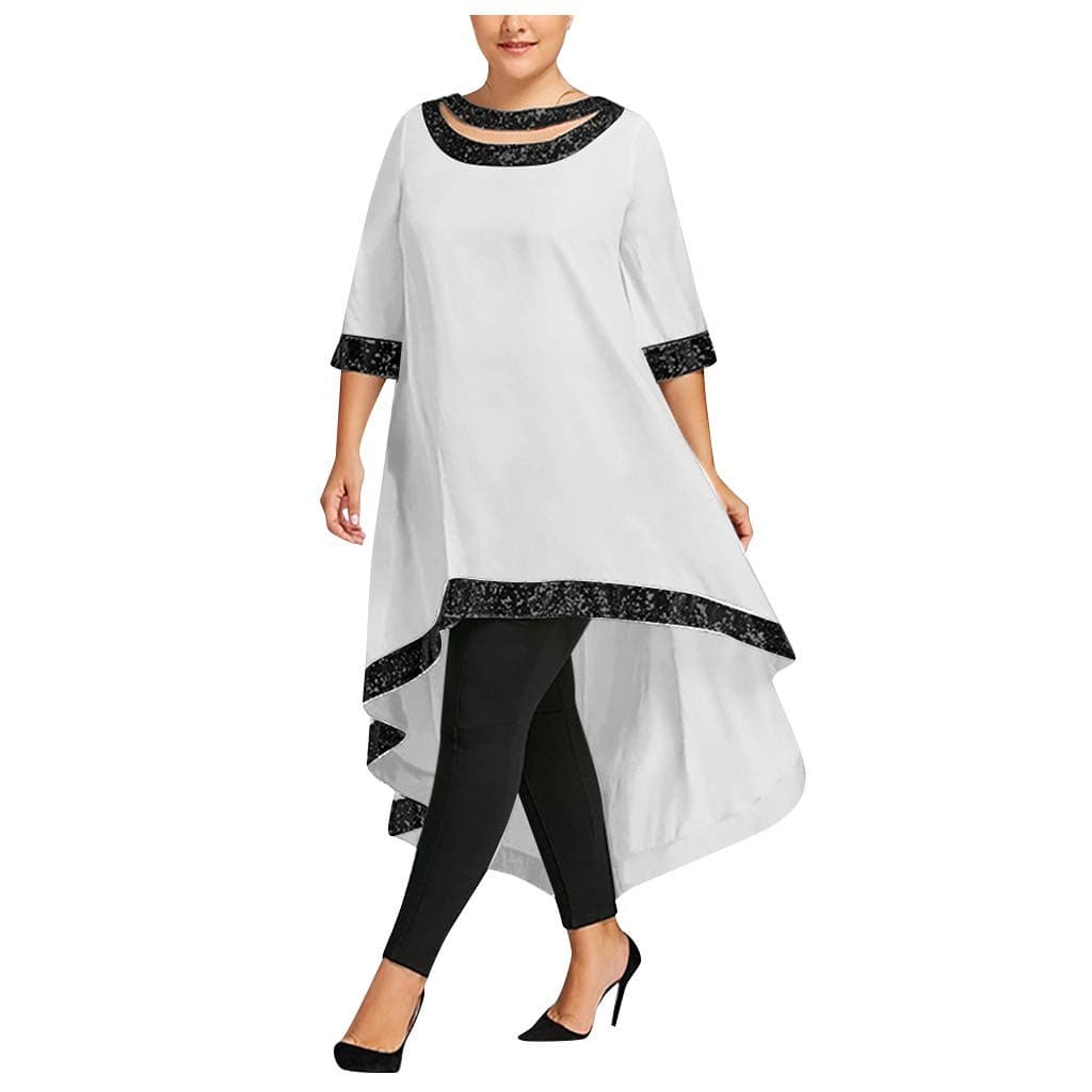 SMILEQ Dress Women Plus Size Ball Gown Three-Quarter Sleeve Skirt Sequined Trim High Low Dress