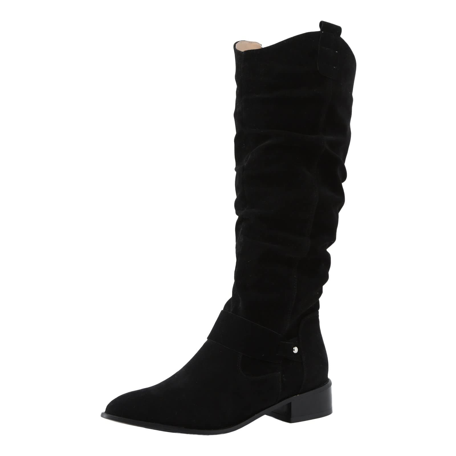 Slouch Flat Knee High Boots Women's Mid Calf Knee High Boots Sweater Knitted Cuff Buckles Rubber Sole Riding Boot