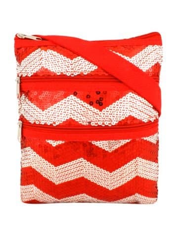 RED & Silver Sequined Chevron Crossbody Bag, Sequin Covered Soft Canvas Construction * Zip Top Closure * Fully Lined * 2 Front Zip Pockets * Long Adjustable Shoulder Strap * 8" Wide X 10" Tall