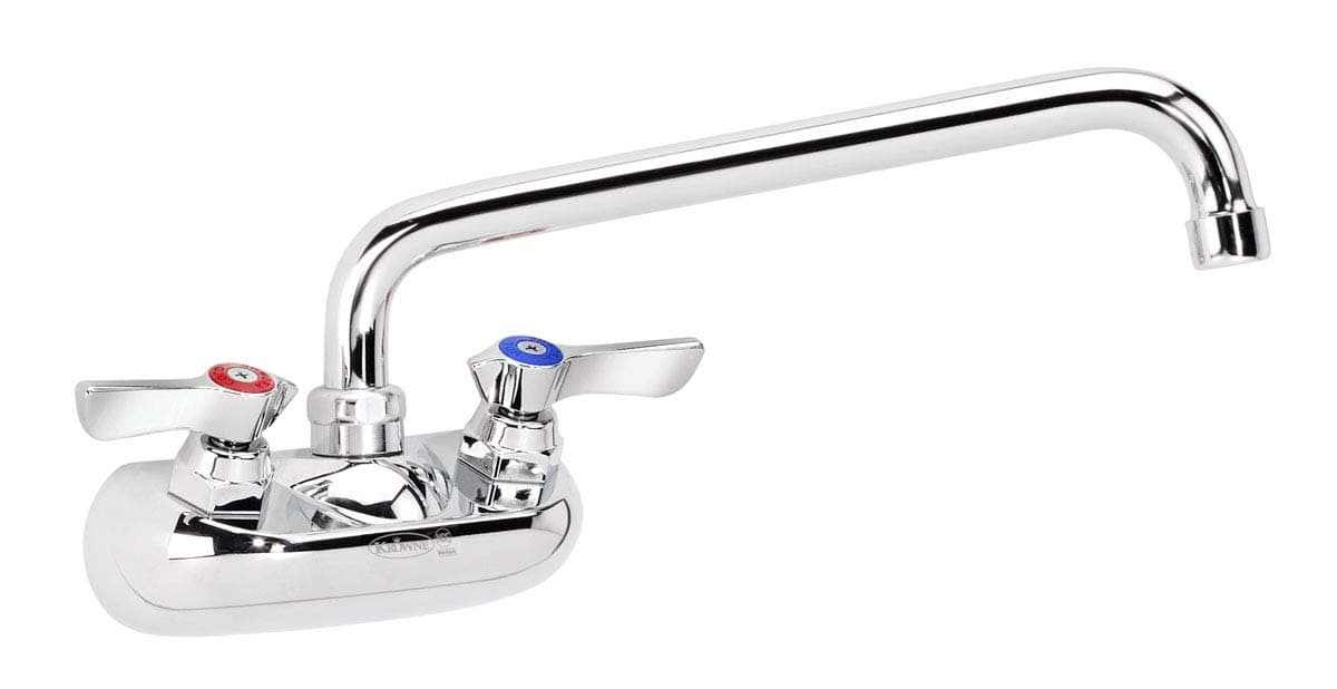 Krowne 10-410L Wall Mount Kitchen Faucet, 4" Center Mount, 10" Swing Spout, 1/2" NPS Inlets, Chrome Finish, Silver Series, NSF Certified, 10" L x 8" D, Commercial Sink Faucet