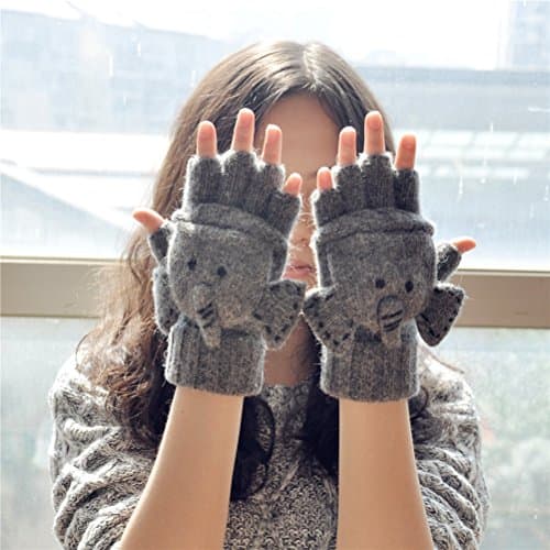 YAN & LEI Elephant Knitted Gloves for Women, One Size, Gray